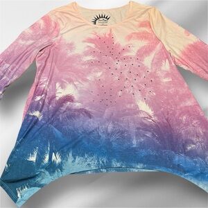 Sun Bay Shirt Womens 1X Palm Tree Rhinestone Tunic Top UPF 30 Long Sleeve